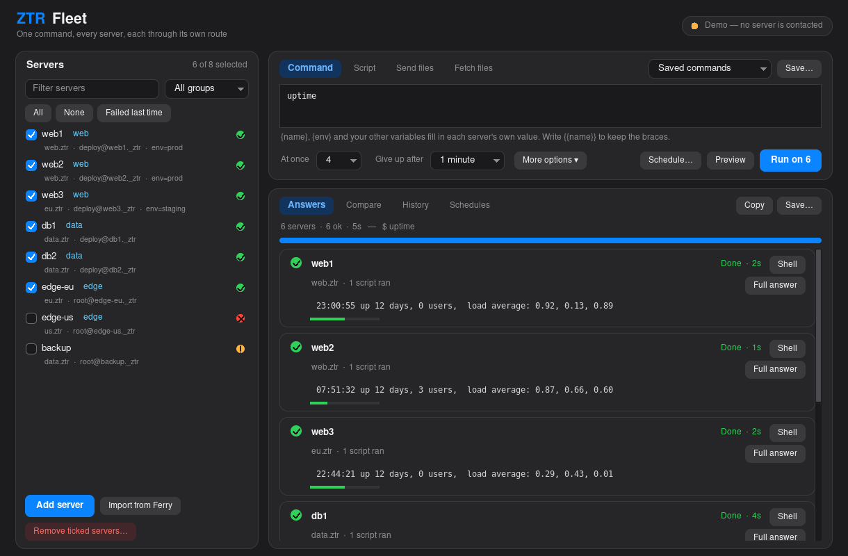 One command, every server. Your servers on the left; each server's answer appears on the right as it arrives, with how long it took. This window is showing sample servers.