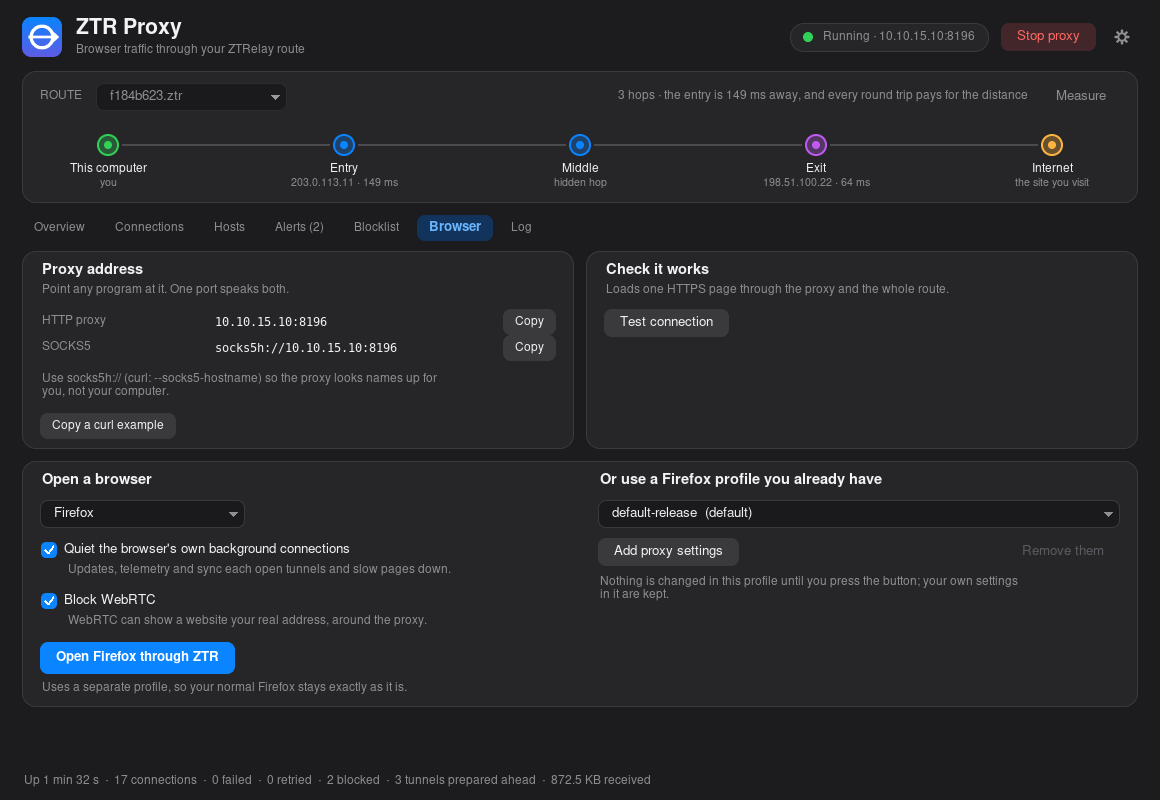 Open a browser through your route. Copy the proxy address, test the connection, or open Firefox, Chromium, Chrome, Brave, Edge or Vivaldi in a profile of its own with the proxy already set.